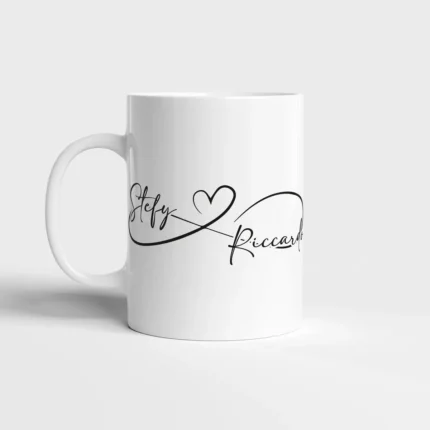mug personalizzata di coppia con infinito e cuore con nomi