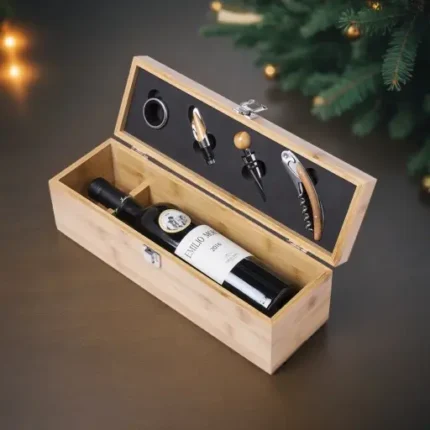 Cassettina porta vino personalizzata in legno di bamboo e 4 accessori
