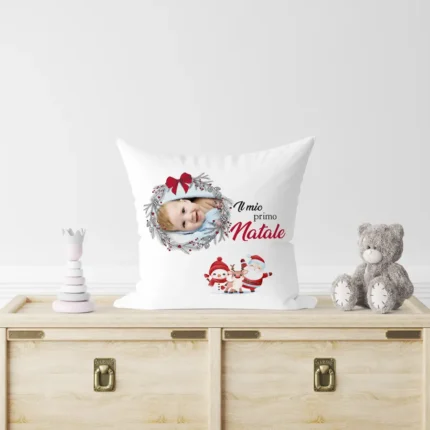 Cuscino il mio primo natale con foto e decori natalizi