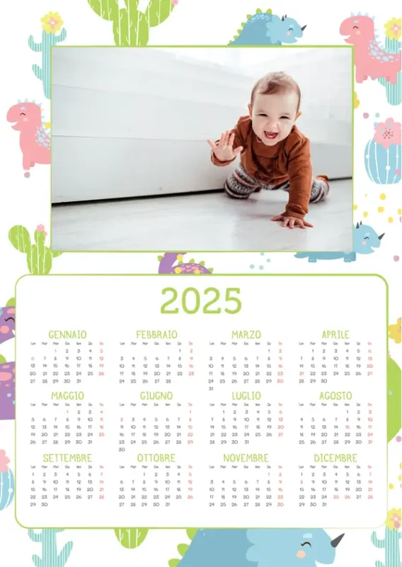 Calendario annuale 2025 mono pagina tema dinosauro formato A3