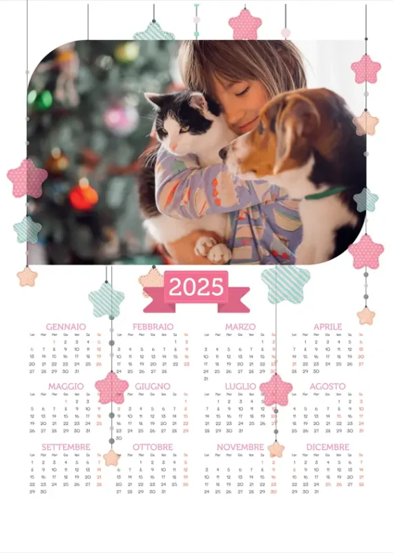 Calendario annuale mono pagina in formato A3 con tema stelline