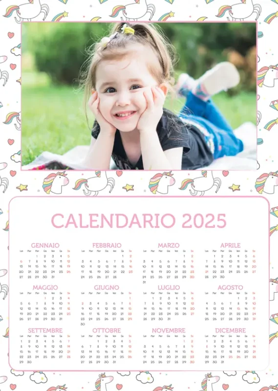 Calendario annuale A3 monopagina tema Unicorno
