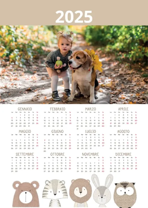 Calendario annuale tema animali della foresta mono pagina in formato A3