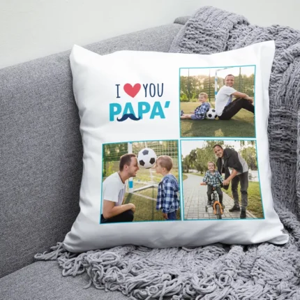 Cuscino personalizzato con 3 foto festa del Papà e scritta i love you
