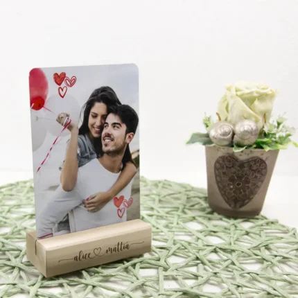Portafoto con stampa su alluminio con basetta in legno e incisione laser personalizzata