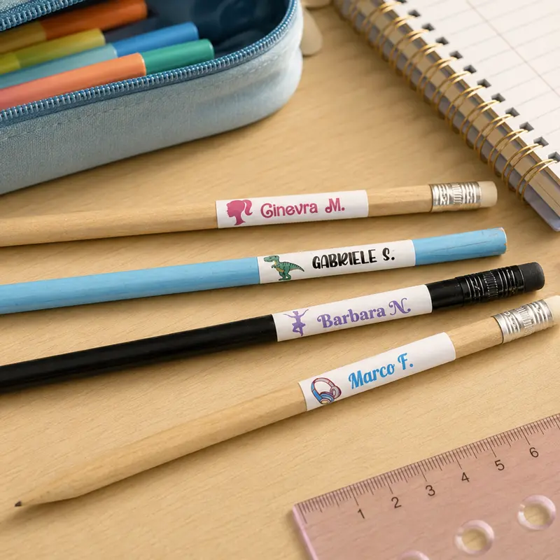 Etichette adesive personalizzate con nome applicate su matite e penne