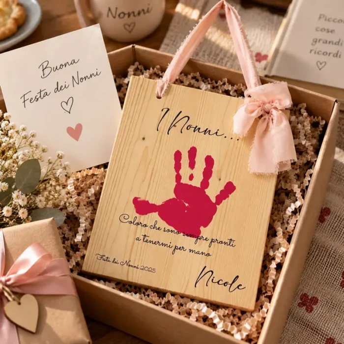 Targa in legno personalizzata per i nonni con impronta dei nipoti
